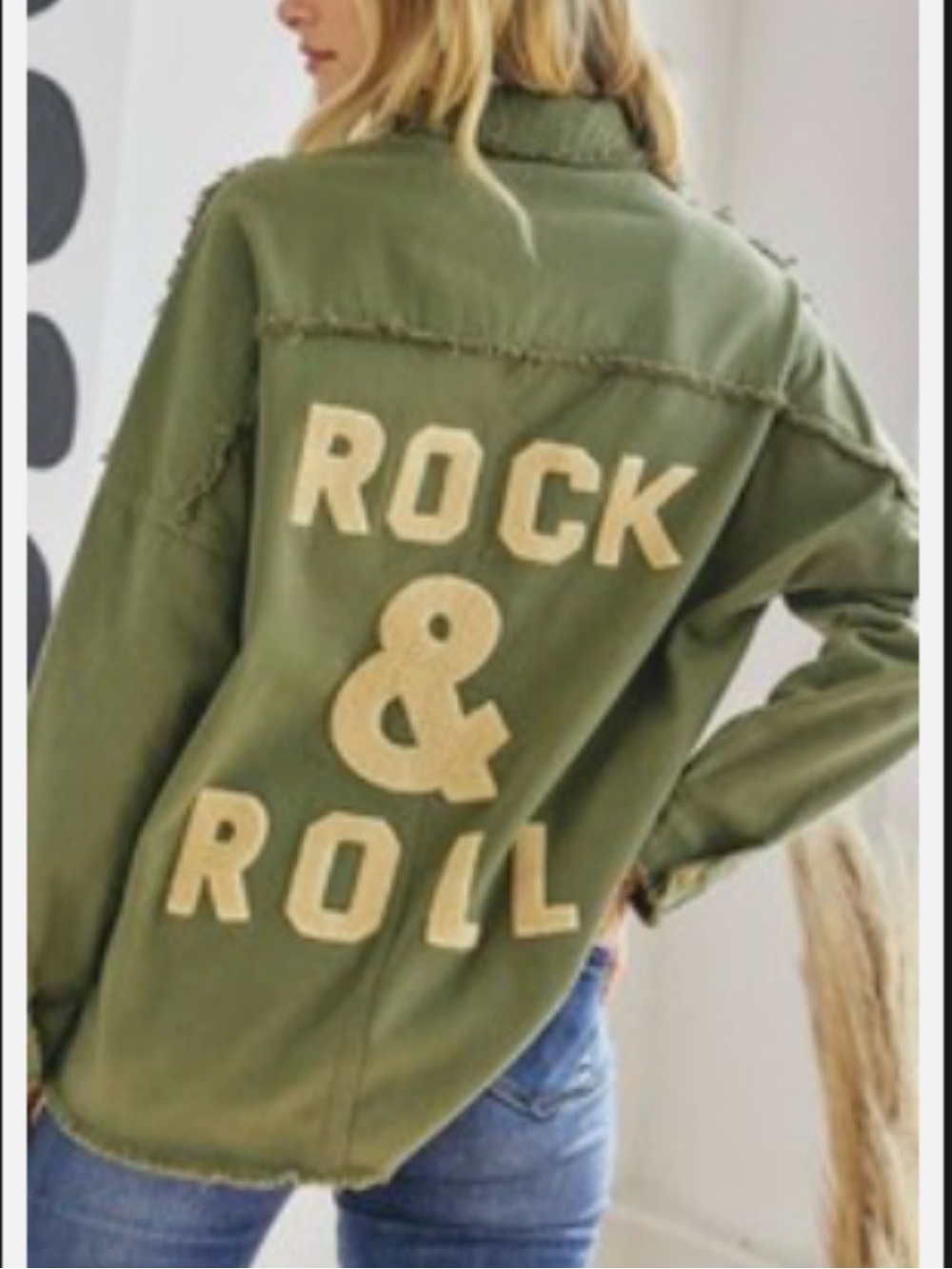 DAVI & DANI Oversized Olive Green Frayed Rock & Roll  Utility Jacket with Snaps.